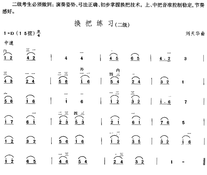 换把练习（中国二胡考级规定演奏曲-二级）（二胡谱）