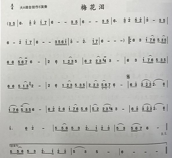 Tears of Plum Blossoms (Writing 5 in Major A)（dizi sheet music）